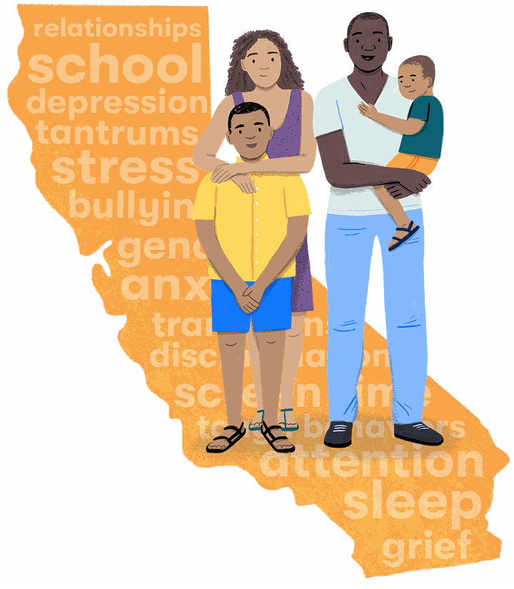 an illustration of the state of California with a family in front of it