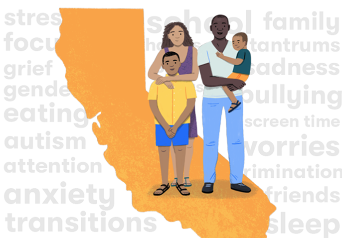 an illustration of the state of California with a family in front of it