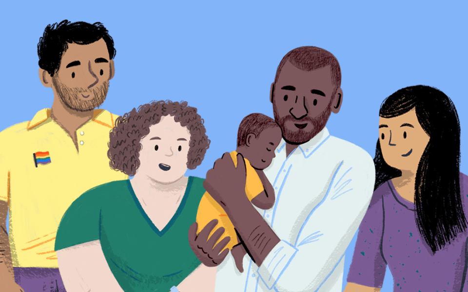 Four parents and caregivers standing together, one holding a sleeping baby