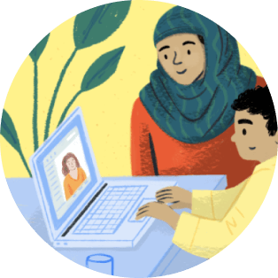 A caregiver and child in a live session with a pediatric behavioral health specialist.