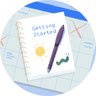 A pen with a book that says, 'Getting Started', and a calendar.