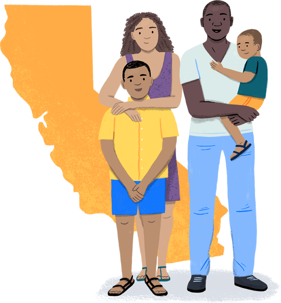 an illustration of the state of California with a family in front of it