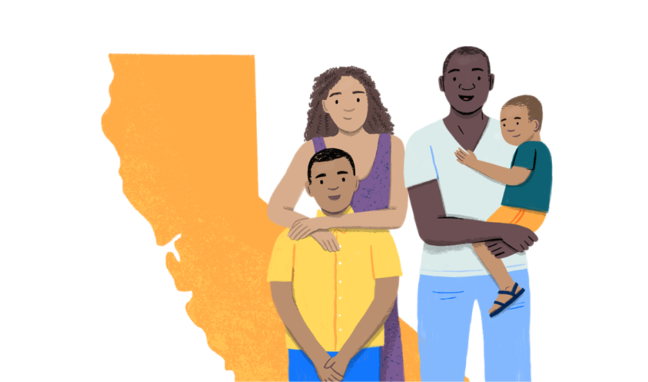 a zoomed illustration of the state of California with a family in front of it